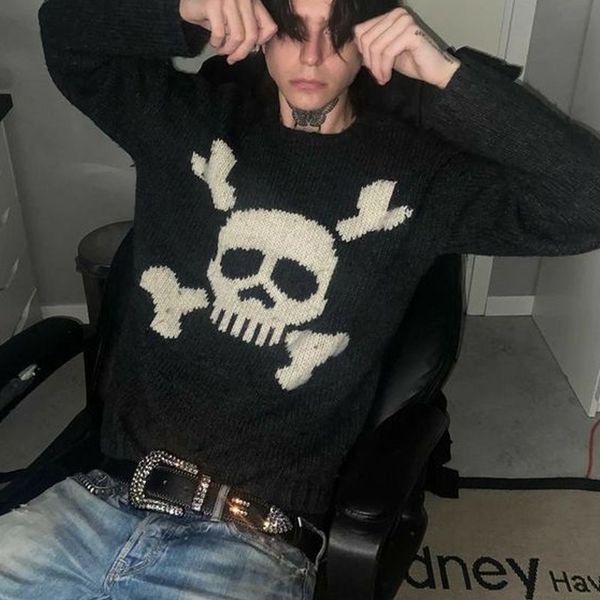 

men's sweaters gothic sweater skull graphic knitwear hip hop punk men's pullover retro vintage long sleeve women's oversize y, White;black