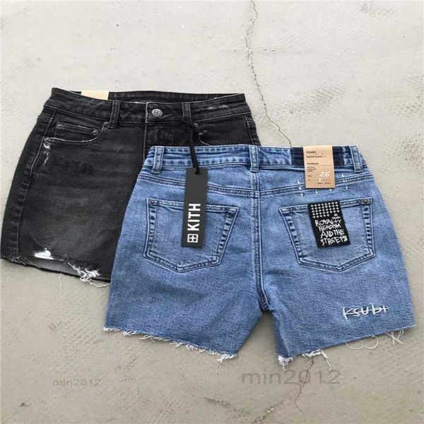 

women's ksubi kith co branded exclusive heavy water wash embroidered ragged edge worn fit denim shorts cycling pants, Blue
