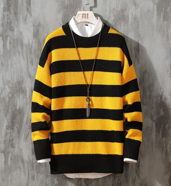 

men039s round neck pullover striped sweater winter simple and fashionable4966614, White;black
