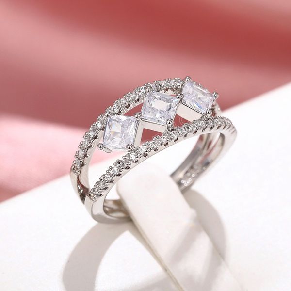 

fashion princess cut cubic zirconia hollow out rings for women dazzling wedding party ring silver color statement jewelry