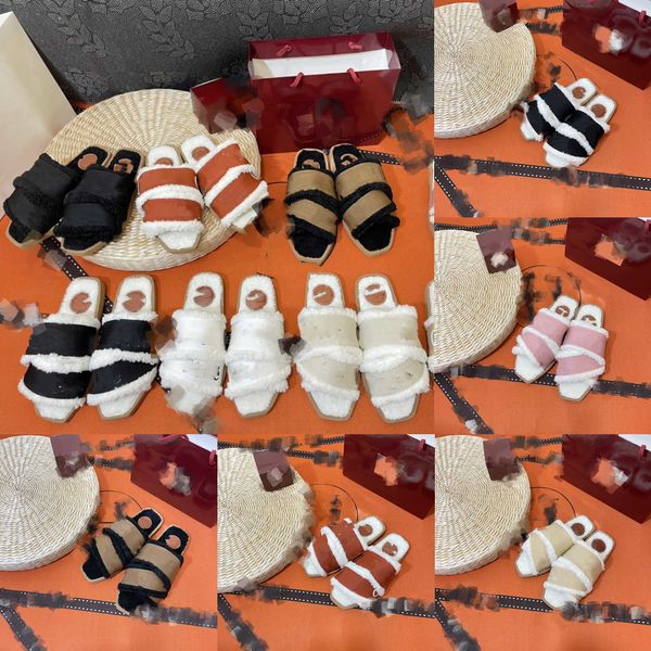 

designer fur winter woody sandals women snow wool sandal mules flat slides light tan beige white black pink chioe cloe lettering fabric canv