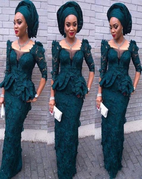 

dark green full lace prom dresses half long sleeve sheath floor length evening dresses sheer neck peplum aso ebi formal party gown9561865, Black