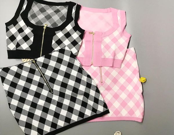 

325 2021 spring summer brand same style two pieces sets short skirt crew neck sleeveless empire pink black plaid fashion womens cl1488181, White