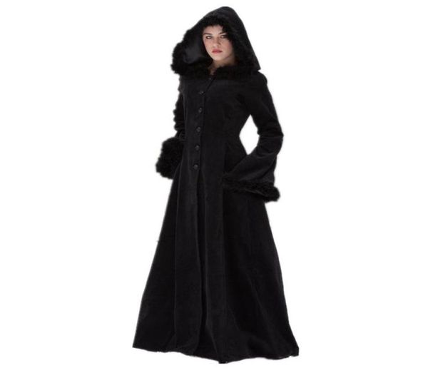 

women039s wool blends women autumn winter vintage coat steampunk floor length hooded medieval warm fur trim maxi gothic witch4507747, Black
