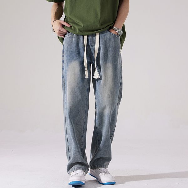 

men's jeans 2023 summer mid rise straight tube elastic waist ground white loose fitting casual 230809, Blue