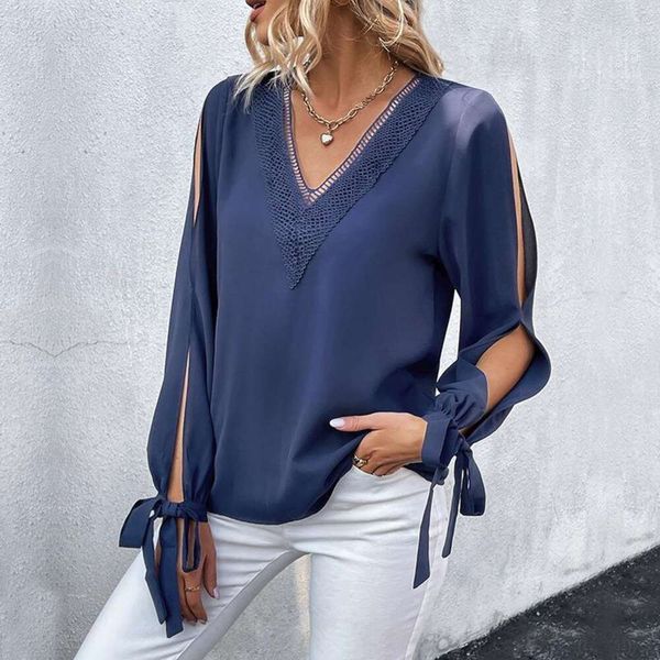 

autumn long sleeved blouse blouses pure color hollowed out shirt for women, White