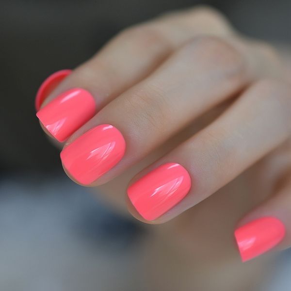 

false nails 24 pcs false nails short nail tips summer design solid color neon pink reusable affordable press on nail tips for daily wear 230, Red;gold