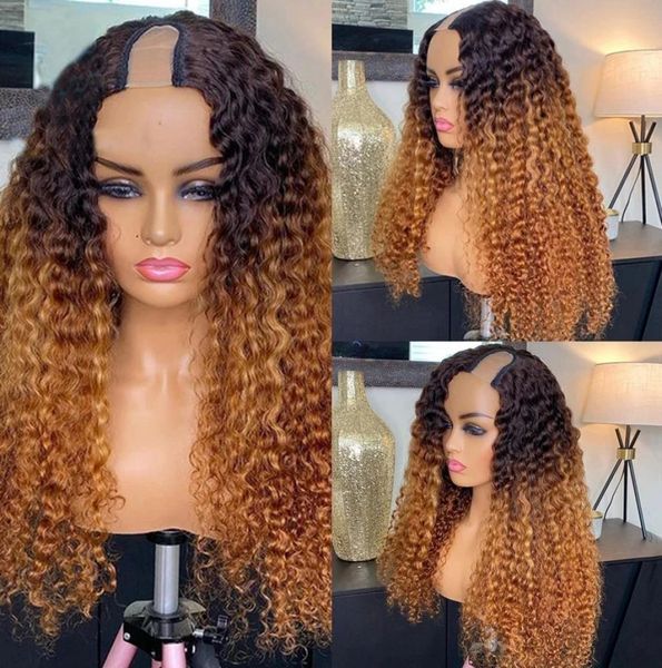 

30inches ombre honey blonde kinky curly u part wigs 100 human hair indian remy 250density glueless full machine half wigs9243519, Black