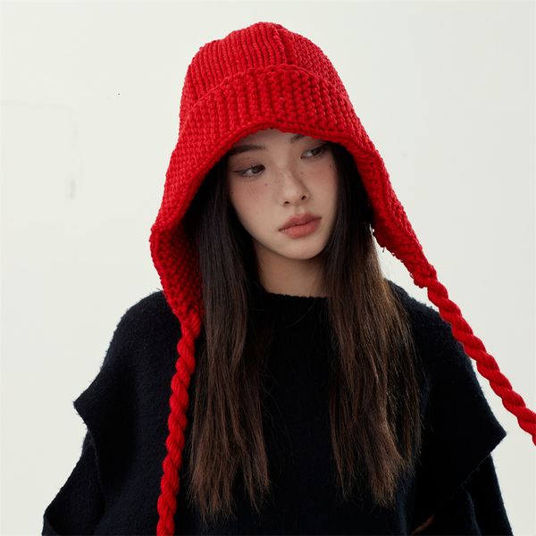 

beanie skull caps 2023 red bomber hat winter warm cute fried dough twist braid ear protection knit cap korean fashion ski women s gorros 230, Blue;gray