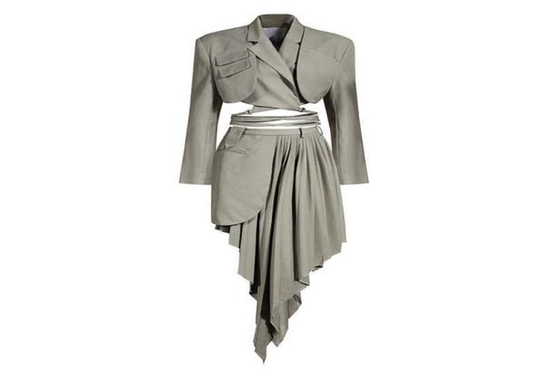 

t032 women039s two piece sets halfbody skirt majestic angel gray club pleated irregular new lapel long sleeve loose women fash4255473, White