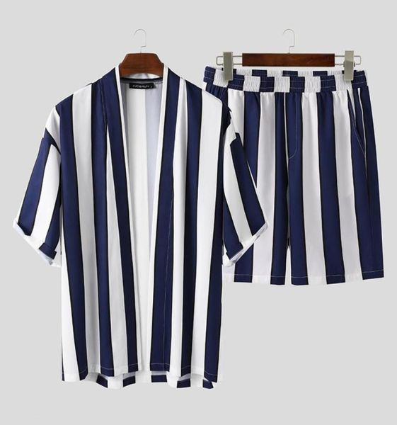 

men039s tracksuits incerun summer men striped sets streetwear loose open stitch short sleeve shirt fashion shorts beach breatha5361905, Gray