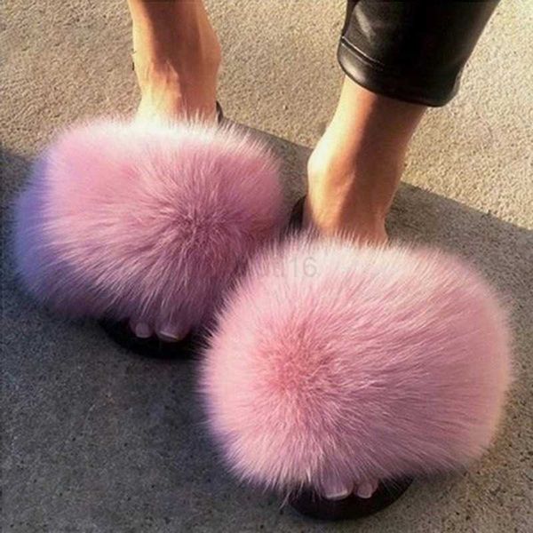 

slippers fashion home outdoor women furry slippers ladies shoes plush fox hair fluffy sandals women's fur slippers winter warm slides, Black