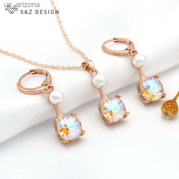 

s z design new elegant square crystal dangle earrings jewelry sets for women party fashion simulated-pearl pendant necklace l230620, Silver