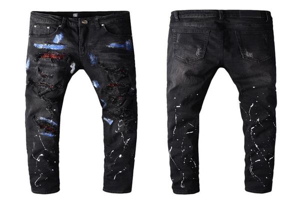 

famous brand mens designer jeans men women motorcycle biker hip hop jeans mens distressed ripped black skinny jeans pants4299454, Blue