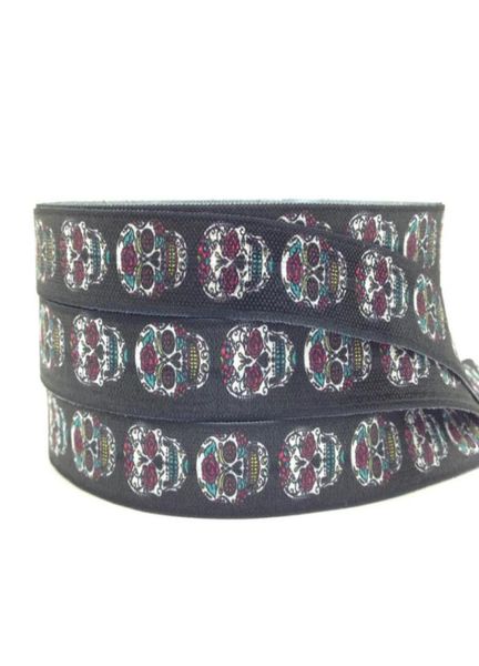 

58quot sugar skull printed fold over elastic 100 yards stretchy black foe ribbon for elastic hair band diy hair access88351337316919, Golden;silver
