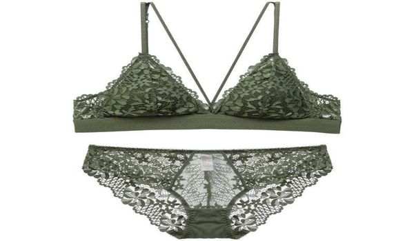 

strappy bralette elastic underband bras and panty set unlined wireless dentelle underwear women lingerie army green brassiere q0707480164, Red;black