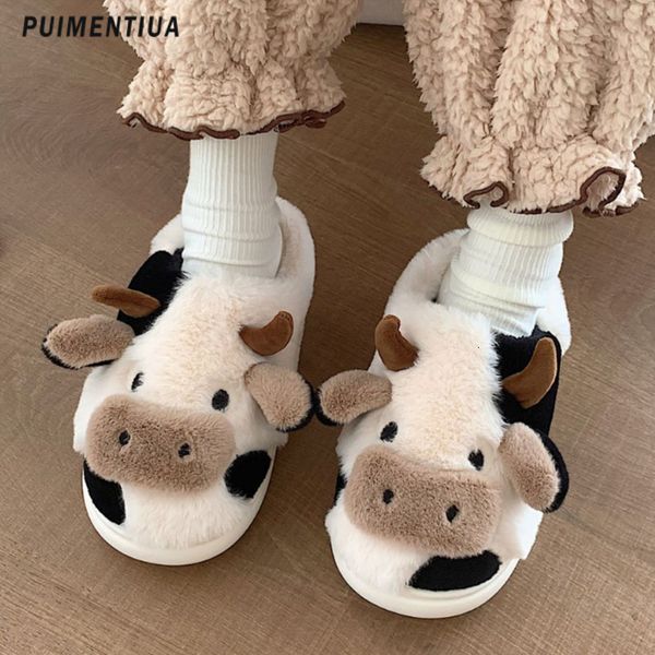 

slippers upgrate cute animal slipper women girls kawaii fluffy winter warm woman cartoon milk cow house funny shoes 230808, Black