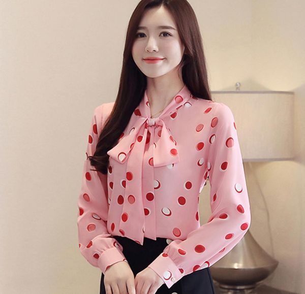 

women blouses 2019 spring new tie with bow fashion pink longsleeve chiffon ladies elegant printed dots blouse4335435, White