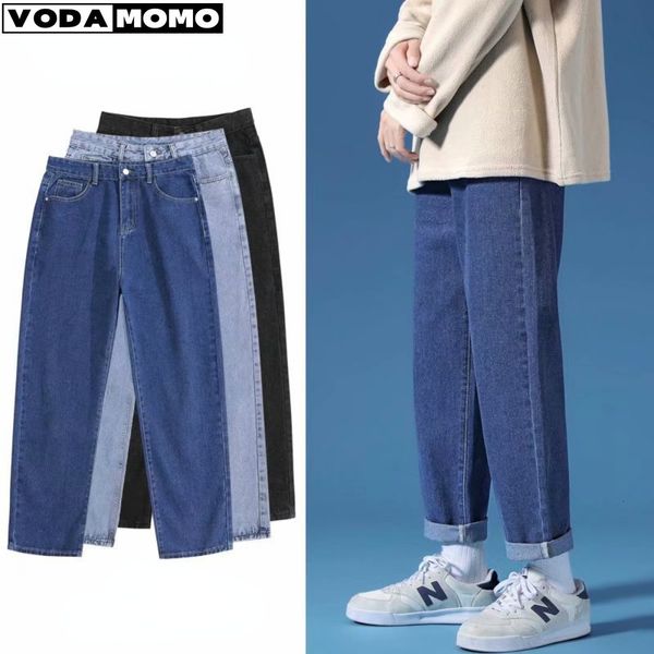 

men's jeans streetwear vintage men solid color loose korean casual button midwaist denim straightleg pants trousers 230809, Blue
