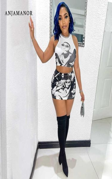 

women039s two piece pants anjamanor fashion printed ribbed summer two piece set women mini skirt and crop club outfits4280546, White