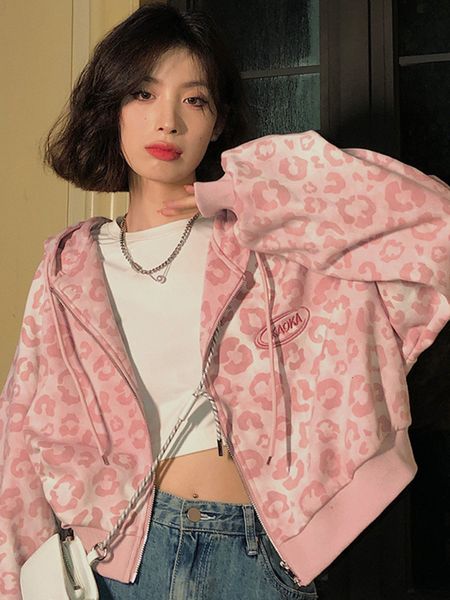 

women's hoodies sweatshirts deeptown preppy style pink sweatshirts leopard print y2k harajuku oversized vintage zipper cropped cute jac, Black