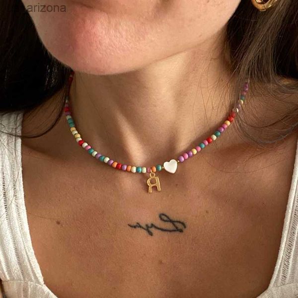 

colorful beads initial choker for women stainless steel letter pendant necklace fashion shell heart jewelry boho accessories l230620, Silver