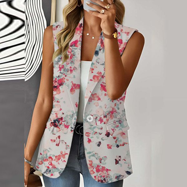 

women's vests lady elegant vest blazer summer fall sleeveless casual commuting slim coat tank women fashion printed single-button suit, Black;white