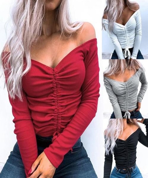 

2020 new arrival vneck slim fit tee women fashion casual sweaters solid color drawstring t shirt long sleeve knitted 6665058, White