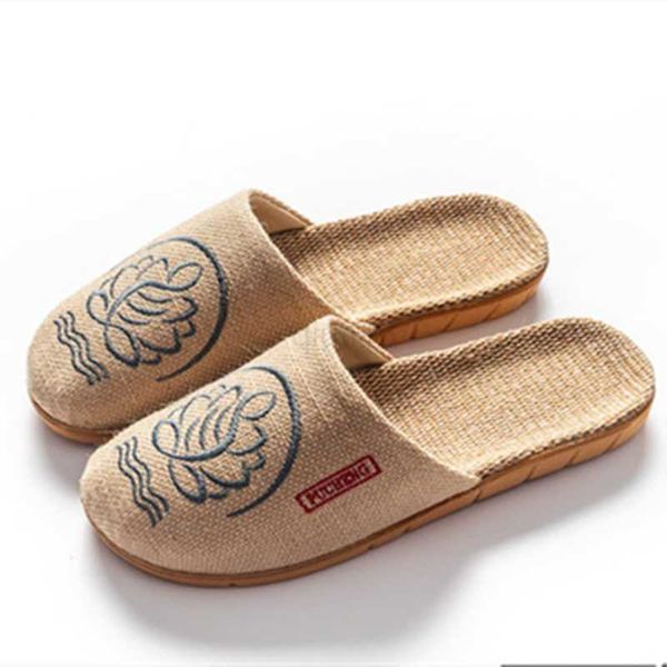 

slippers lady and men round toe hemp slides breathable slippers summer embroider chinese style lover home shoes beige hand-made plus size, Black