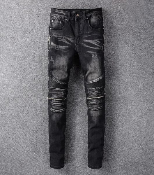 

mens zipper hole biker jeans slim fit denim pants fashion designer hip hop black long trousers size 28403768153, Blue