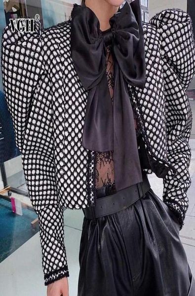 

women039s jackets vgh casual plaid women coats o neck puff long sleeve tunic ruched hit color slim short for female fashion 2028046067, Black;brown