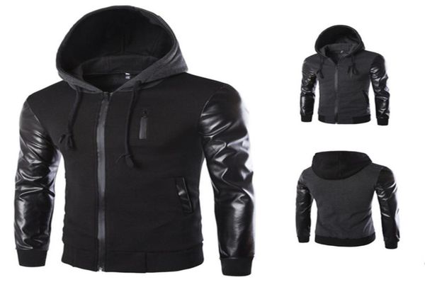 

2020 winter autumn men 039s hooded jacket coat fashion stitching leather sleeve male zipper casual overcoat black dark gray m24858438, Black;brown