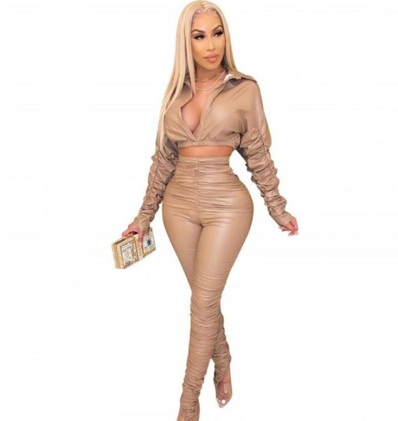 

women039s tracksuits pu leather club outfits for women deep v neck crop and pants two piece set fashion solid color d1048596, Gray