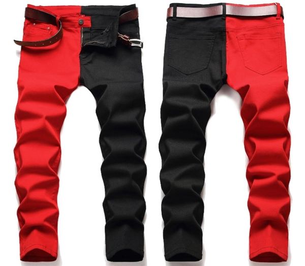 

brand red black stitching men jeans autumn winter slim skinny stretch street hip hop male elastic denim pants 2840 2111083699828, Blue
