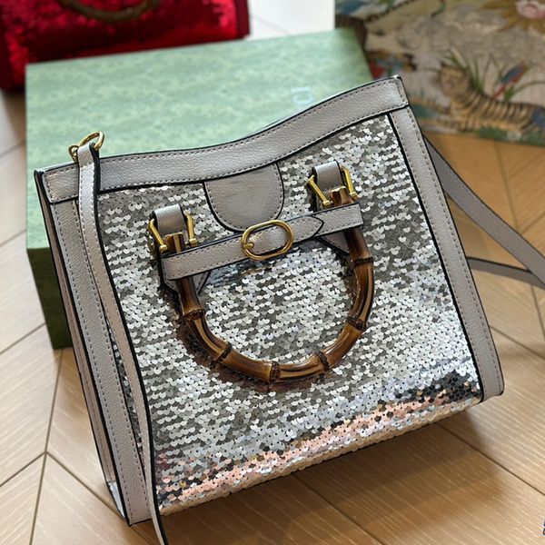 

bamboo portable shopping bag large capacity tote bag plain pearlescent surface shoulder handbag hardware letter accessories internal pocket