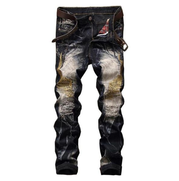

distressed ripped mens jeans embroidered wing denim jeans for men designer cothes trousers plus size 40 42 uomo pants1813450, Blue