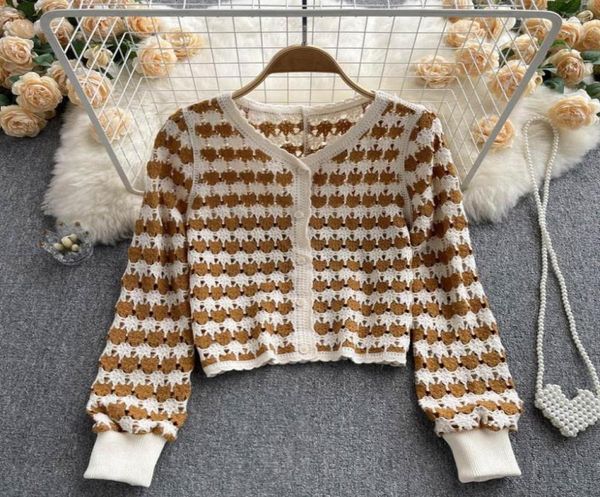 

women039s knits crochet floral almighty cardigans women vintage long sleeve single breasted v neck sweater french chic colorblo6188276, White