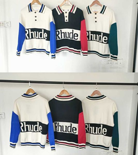 

2023 spring new letter rhude stripe sweater men women three buttons knitting lapel long sleeve sweatshirts, White;black
