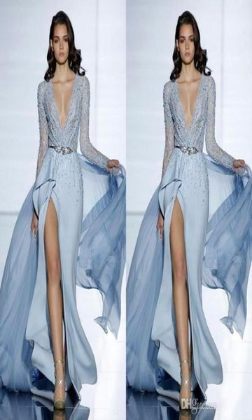 

2020 new zuhair murad mermaid evening dresses with long sleeves formal prom dress crystals blue high split celebrity gowns 392644375, Black;red
