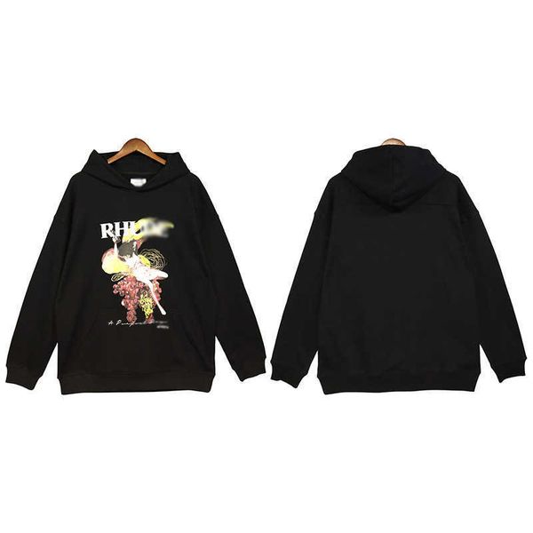 

rhude american small print hooded fashion label high street lovers wear loose sweater in autumn and winter, Black