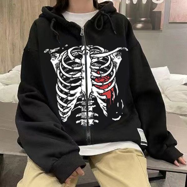 

men's hoodies sweatshirts y2k skeleton print hoodies men zip up long sleeve streetwear sweatshirts coats loose grunge gothic oversized, Black