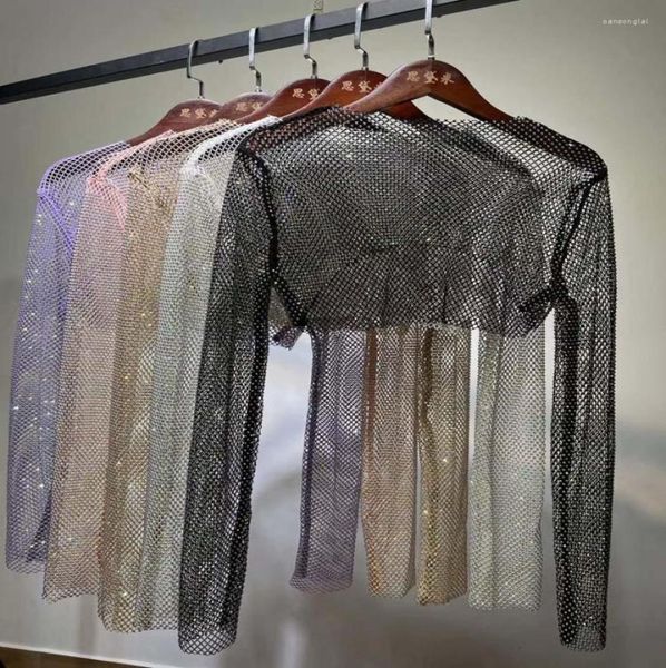 

women's t shirts sequined hollow out rhine shiny mesh crop women long sleeve see through party club thin summer tshirt quality y2k38787, White
