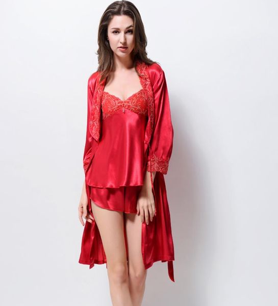 

red satin silk pajamas female lace pyjama sets emulation silk pijama set threepiece robesuspendersshort 32157676267, Black;red