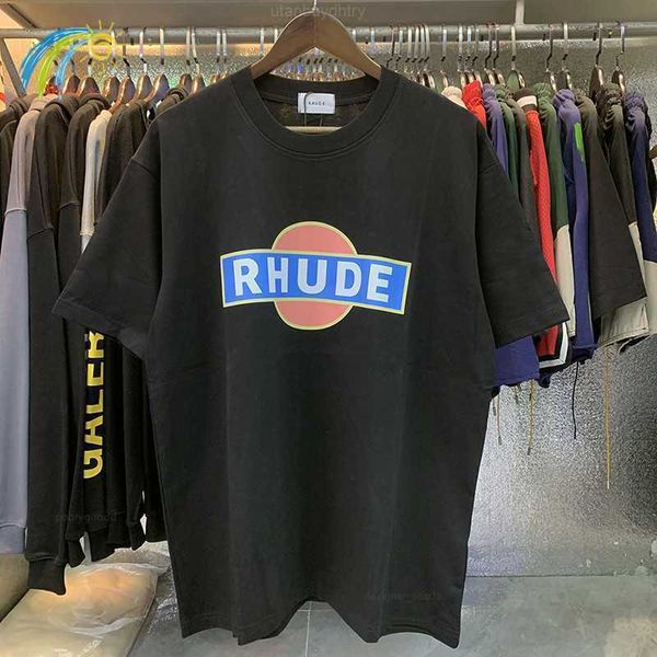 

classic red sun print rhude tee men women 1 1 loose vintage rhude t-shirt apricot black white short sleeve inside tags, White;black