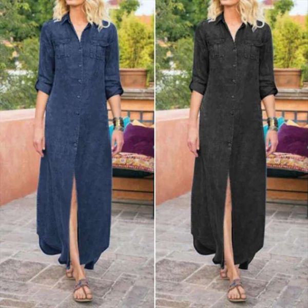 

summer womens loose pure color casual single breasted denim dress, Black;gray