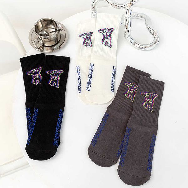

socks autumn/winter cyberpunk vertigo wind we little bear tide socks ins mid tube socks neon steam wave, Black