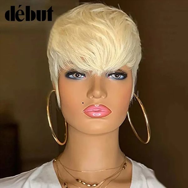 

synthetic wigs debut 613 honey blonde color wig short wavy bob pixie cut full machine made human hair wigs with bangs for black women remy 2