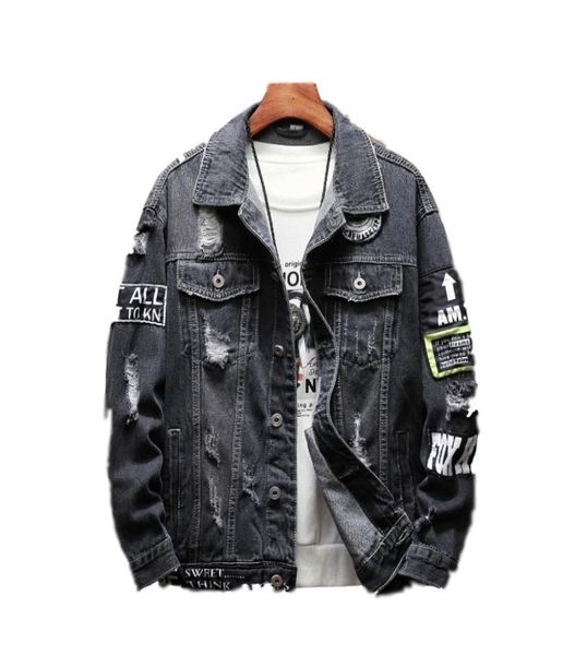 

2 colours harajuku patchwork frayed rock vintage black blue denim jacket men punk sudadera hole streetwear hip hop ruched washed7777968, Black;brown