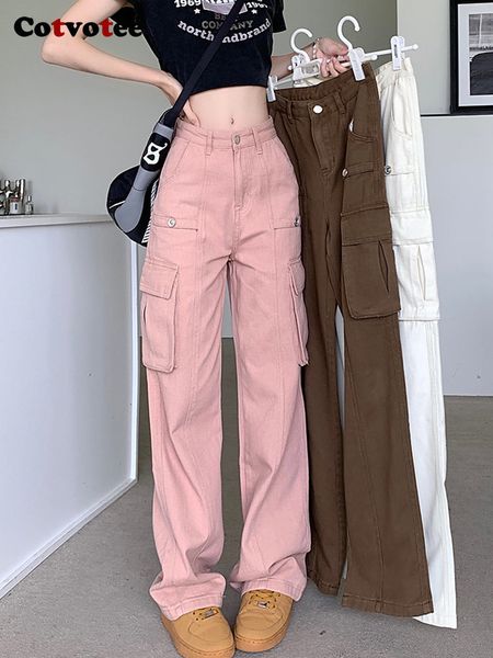 

women's jeans cotvotee pink cargo jeans women fashion vintage streetwear straight pocket white wide leg pants full length mom jeans 230, Blue
