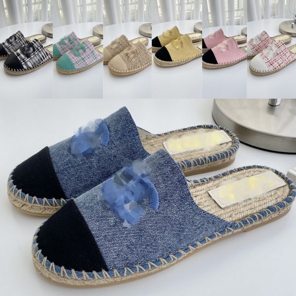 

luxury designer sandals women espadrilles loafers fisherman canvas tweed raffia soles closed cap toe slippers brands mules interlocking c ra, Black
